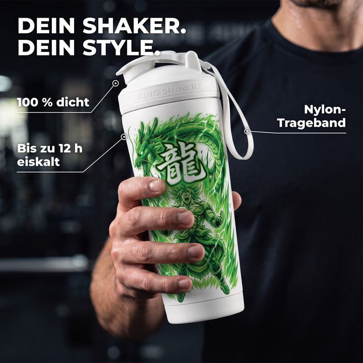 KING SHAKER® AURA – weißer Edelstahl-Shaker mit Farbdruck, in der Hand