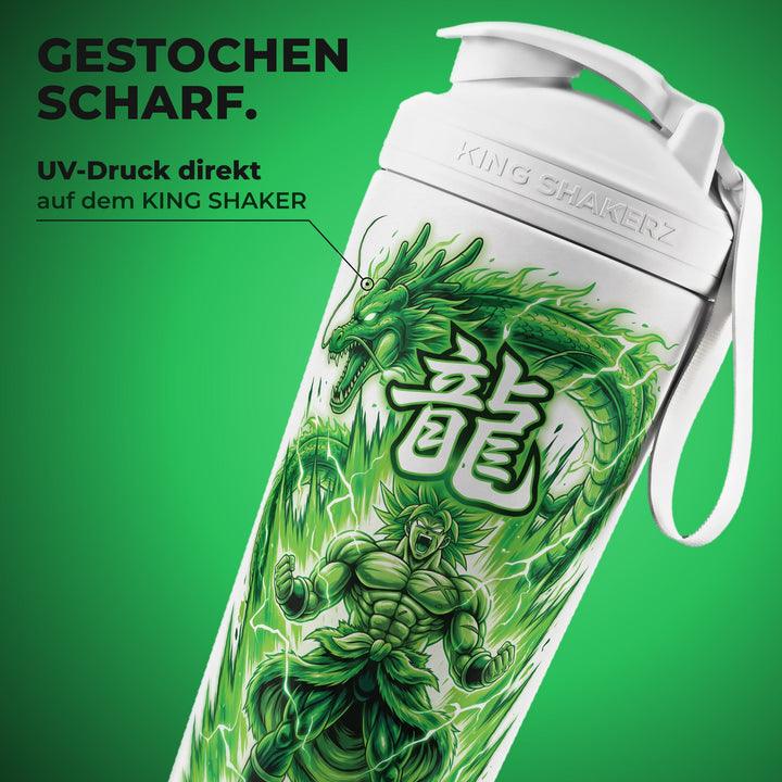 KING SHAKER® AURA – weißer Edelstahl-Shaker mit Farbdruck, Nahaufnahme des Drucks