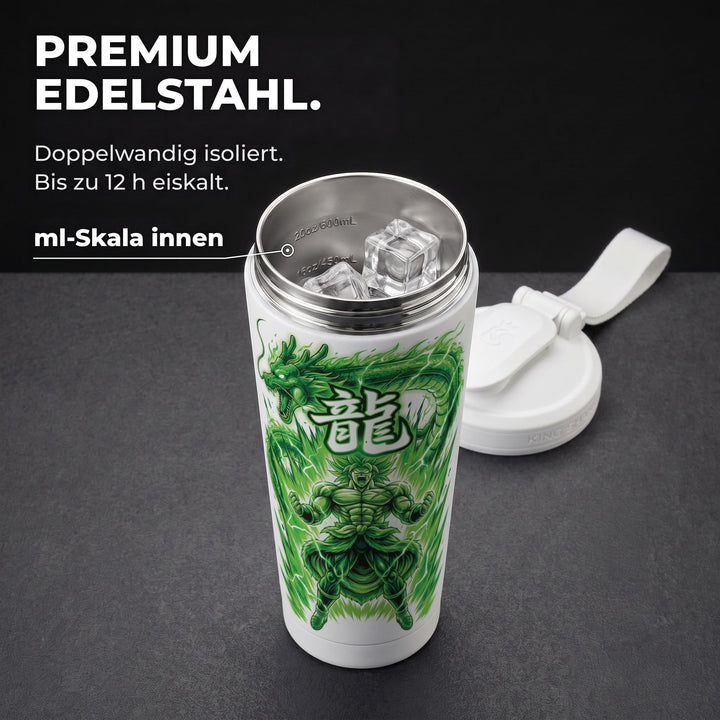 KING SHAKER® AURA – weißer Edelstahl-Shaker mit Farbdruck, geöffnet mit ml-Skala