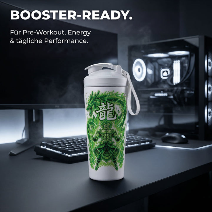 KING SHAKER® AURA – weißer Edelstahl-Shaker mit Farbdruck, am Schreibtisch mit Booster