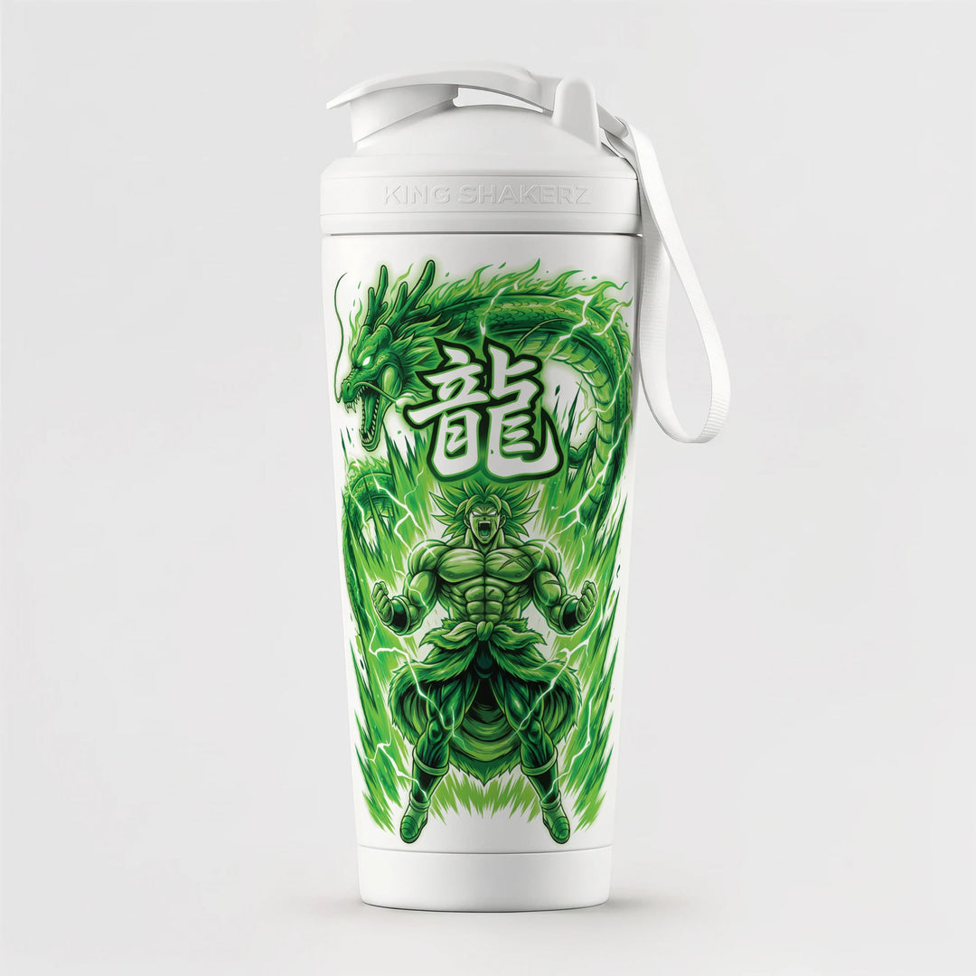 KING SHAKER® AURA – weißer Edelstahl-Shaker mit Farbdruck, vor grauem Hintergrund