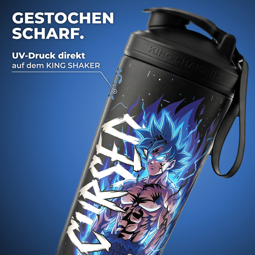 KING SHAKER® CURSED – schwarzer Edelstahl-Shaker mit Halloween-Farbdruck, Nahaufnahme des Drucks