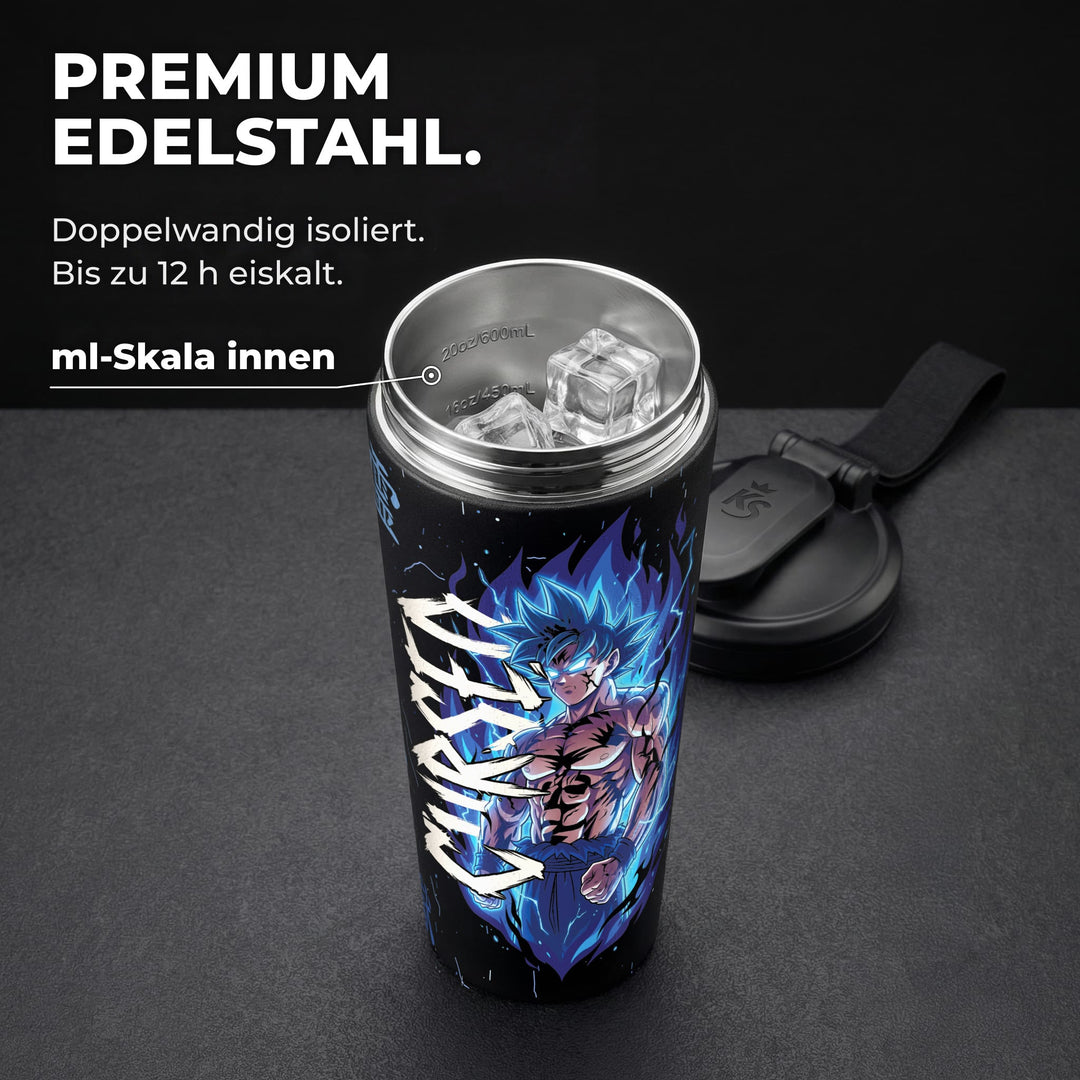 KING SHAKER® CURSED – schwarzer Edelstahl-Shaker mit Halloween-Farbdruck, geöffnet mit ml-Skala