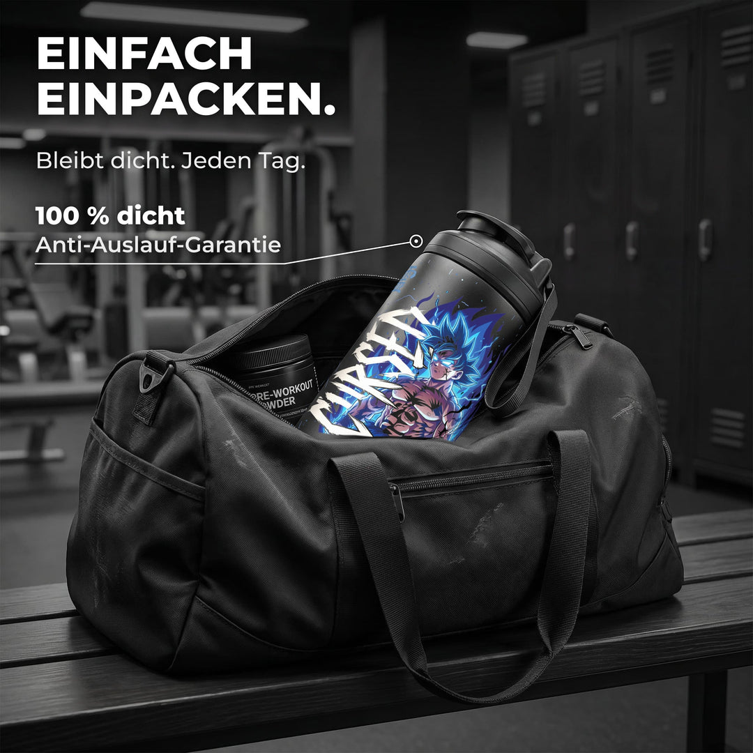 KING SHAKER® CURSED – schwarzer Edelstahl-Shaker mit Halloween-Farbdruck, in der Sporttasche