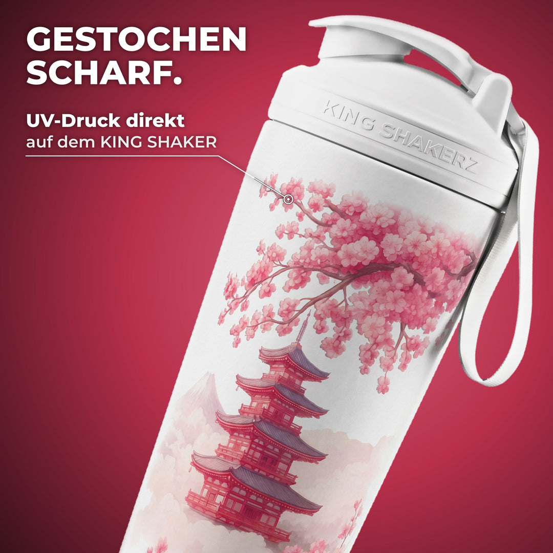 KING SHAKER® FUJISAN – weißer Edelstahl-Shaker mit Farbdruck, Nahaufnahme des Drucks