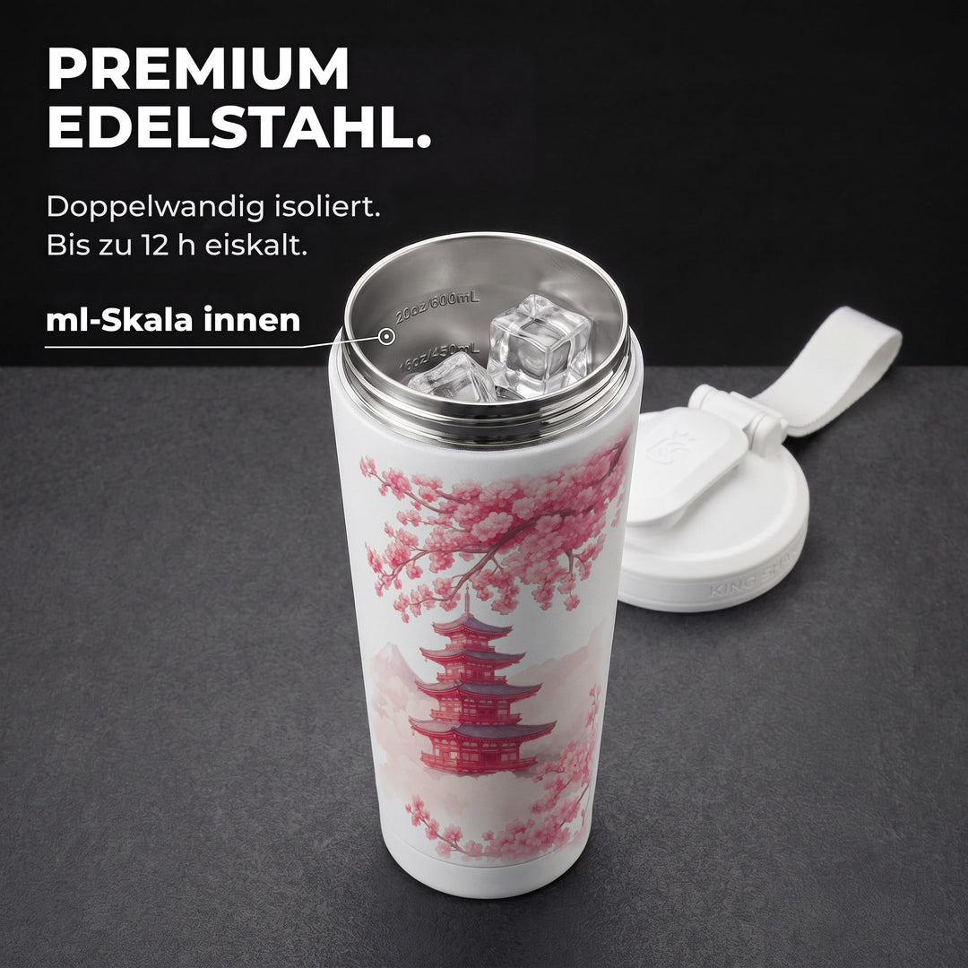 KING SHAKER® FUJISAN – weißer Edelstahl-Shaker mit Farbdruck, geöffnet mit ml-Skala