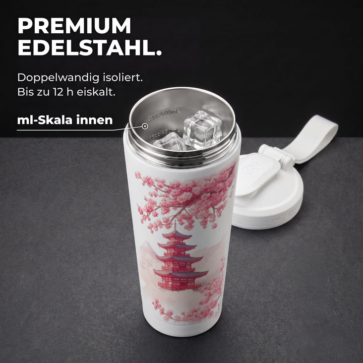 KING SHAKER® FUJISAN – weißer Edelstahl-Shaker mit Farbdruck, geöffnet mit ml-Skala