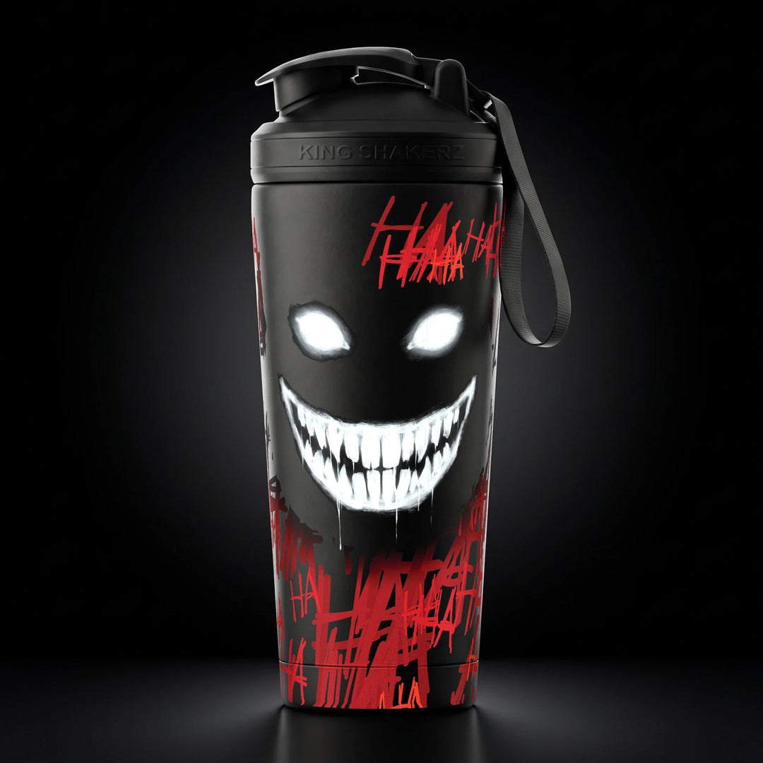 KING SHAKER® HA HA HA – schwarzer Edelstahl-Shaker mit Halloween-Farbdruck, Vorderansicht