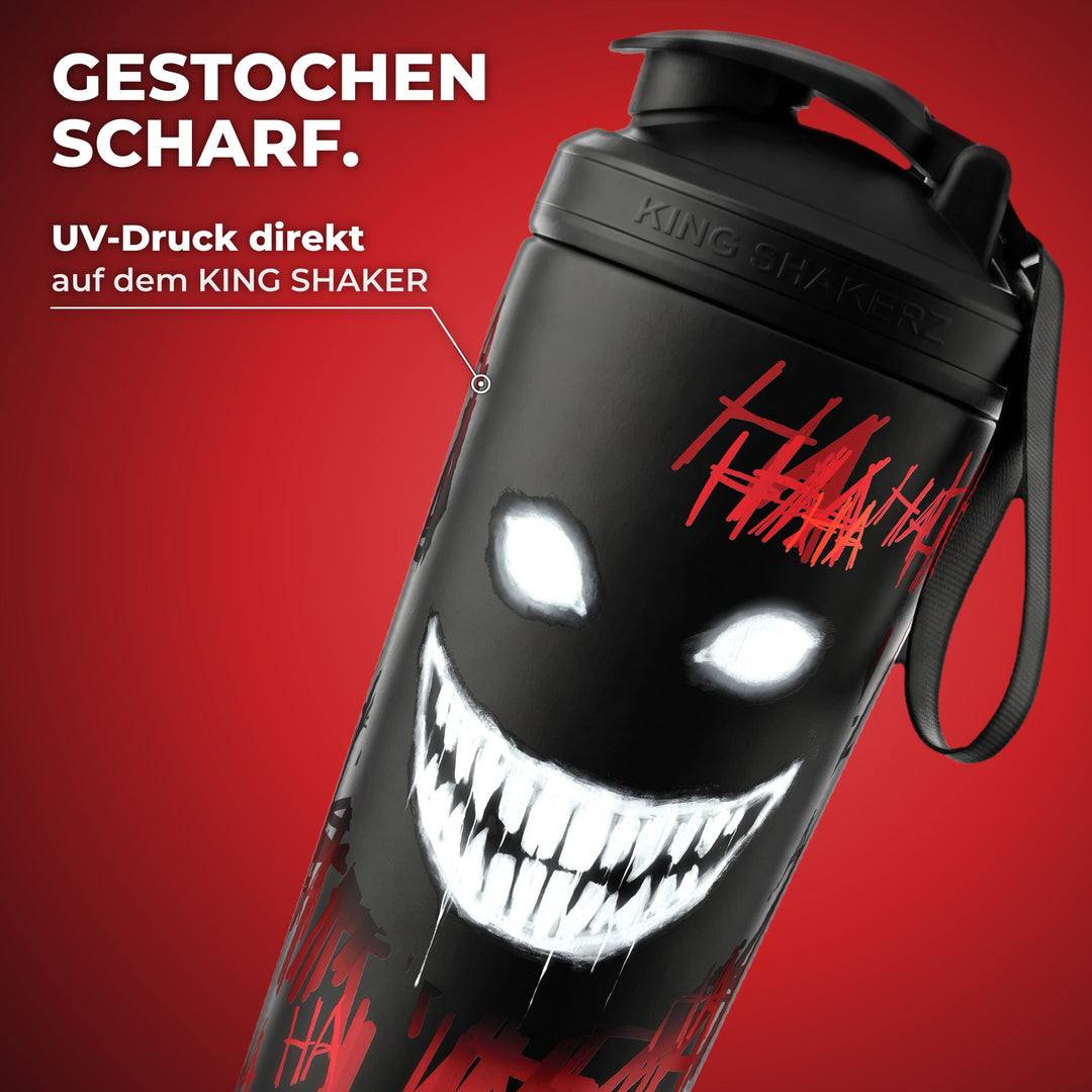 KING SHAKER® HA HA HA – schwarzer Edelstahl-Shaker mit Halloween-Farbdruck, Nahaufnahme des Drucks