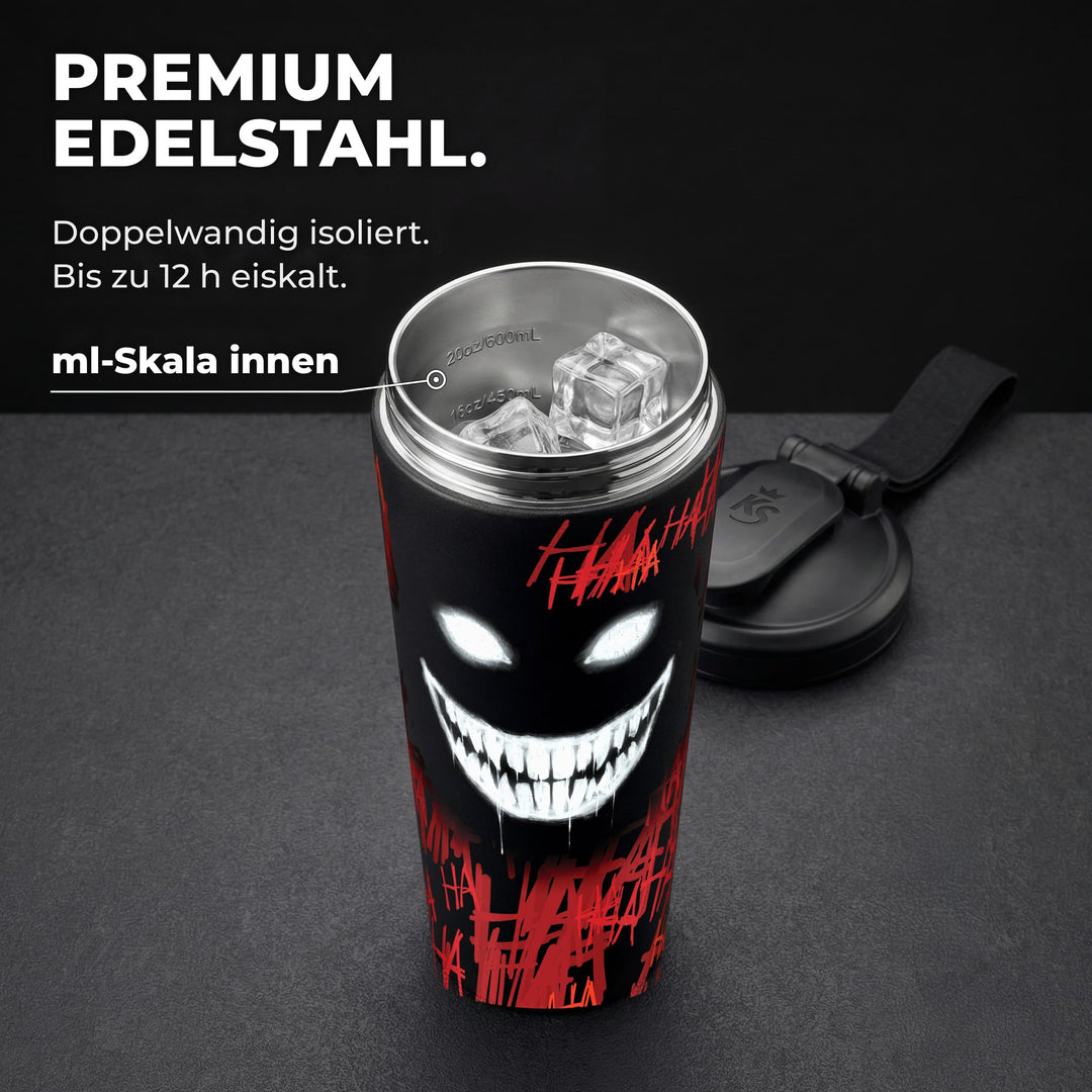 KING SHAKER® HA HA HA – schwarzer Edelstahl-Shaker mit Halloween-Farbdruck, geöffnet mit ml-Skala