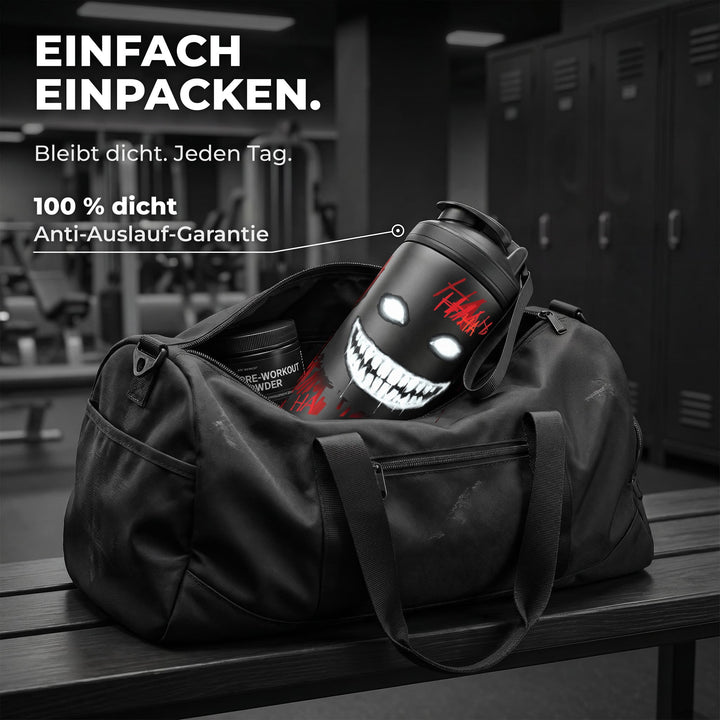 KING SHAKER® HA HA HA – schwarzer Edelstahl-Shaker mit Halloween-Farbdruck, in der Sporttasche