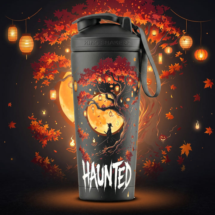 KING SHAKER® HAUNTED – schwarzer Edelstahl-Shaker mit Halloween-Farbdruck, Halloween-Szene