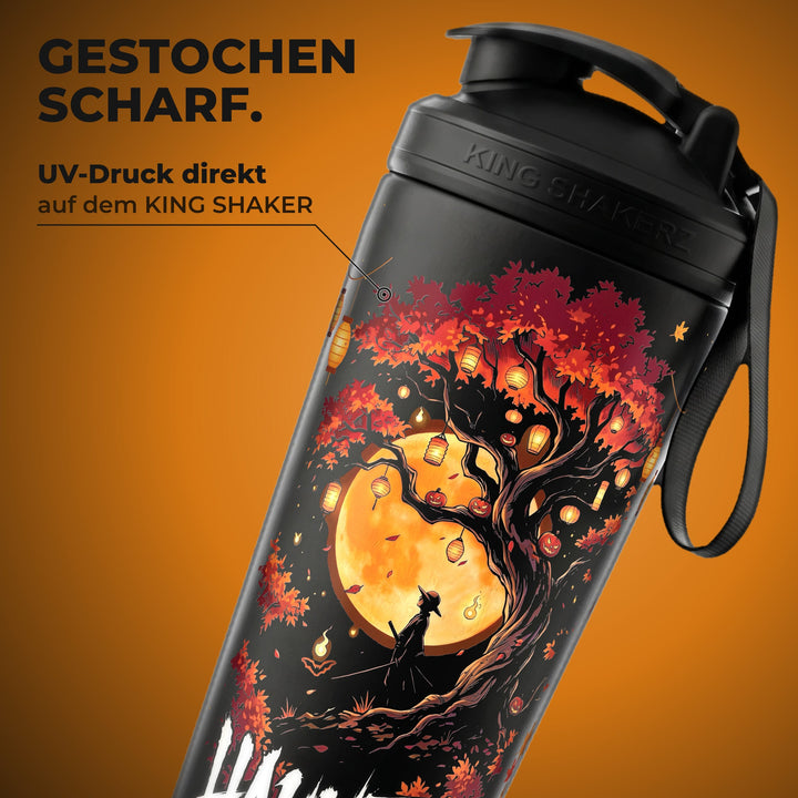 KING SHAKER® HAUNTED – schwarzer Edelstahl-Shaker mit Halloween-Farbdruck, Nahaufnahme des Drucks