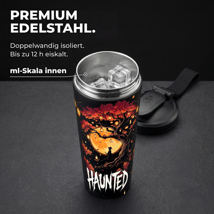KING SHAKER® HAUNTED – schwarzer Edelstahl-Shaker mit Halloween-Farbdruck, geöffnet mit ml-Skala
