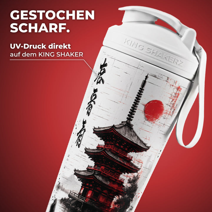 KING SHAKER® KYOJO – weißer Edelstahl-Shaker mit Farbdruck, Nahaufnahme des Drucks