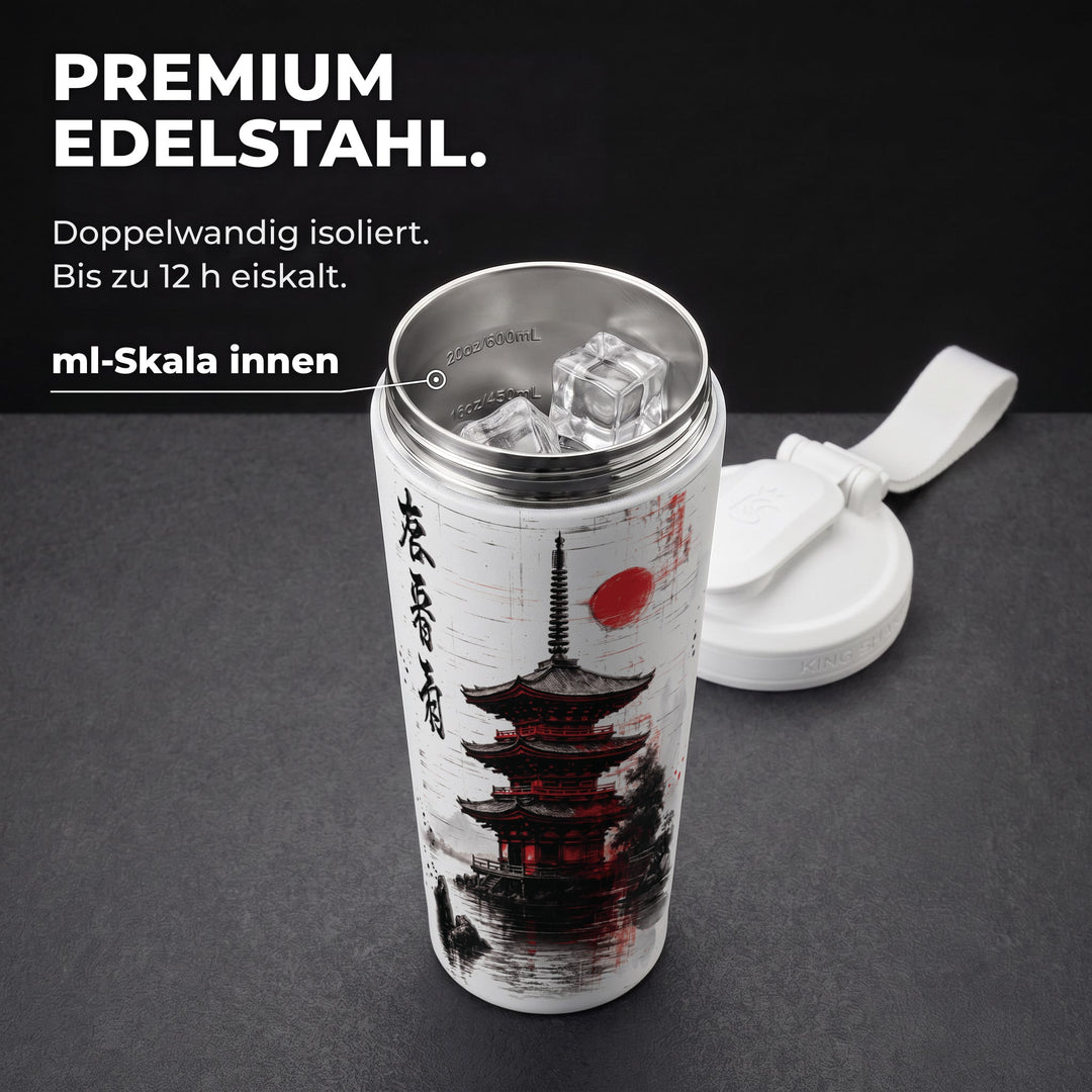 KING SHAKER® KYOJO – weißer Edelstahl-Shaker mit Farbdruck, geöffnet mit ml-Skala