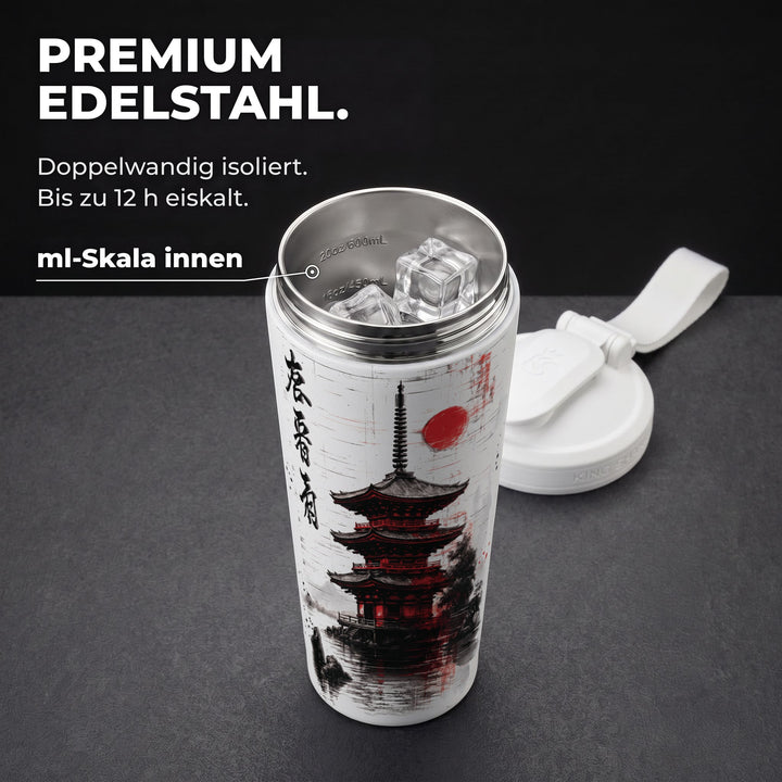 KING SHAKER® KYOJO – weißer Edelstahl-Shaker mit Farbdruck, geöffnet mit ml-Skala
