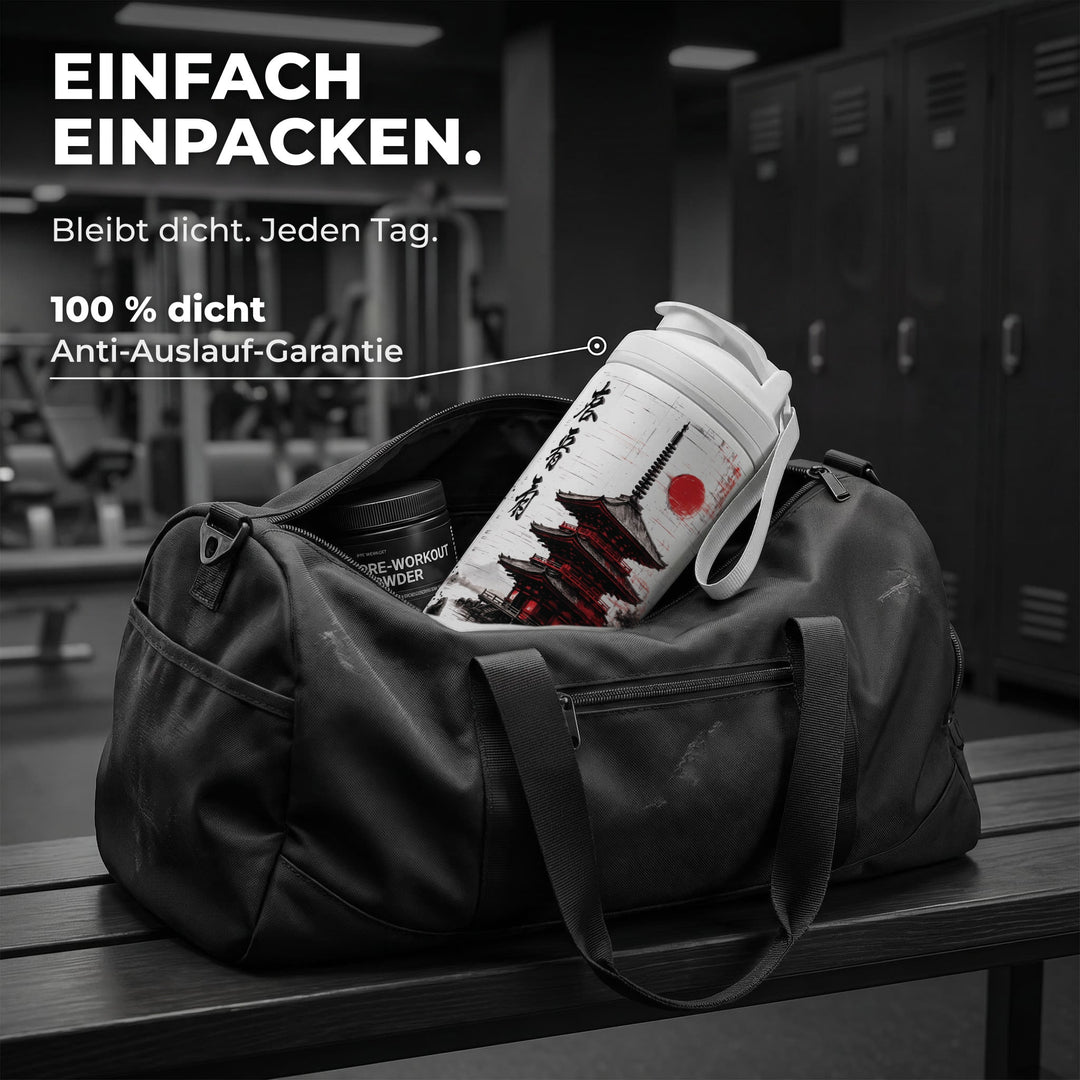 KING SHAKER® KYOJO – weißer Edelstahl-Shaker mit Farbdruck, in der Sporttasche