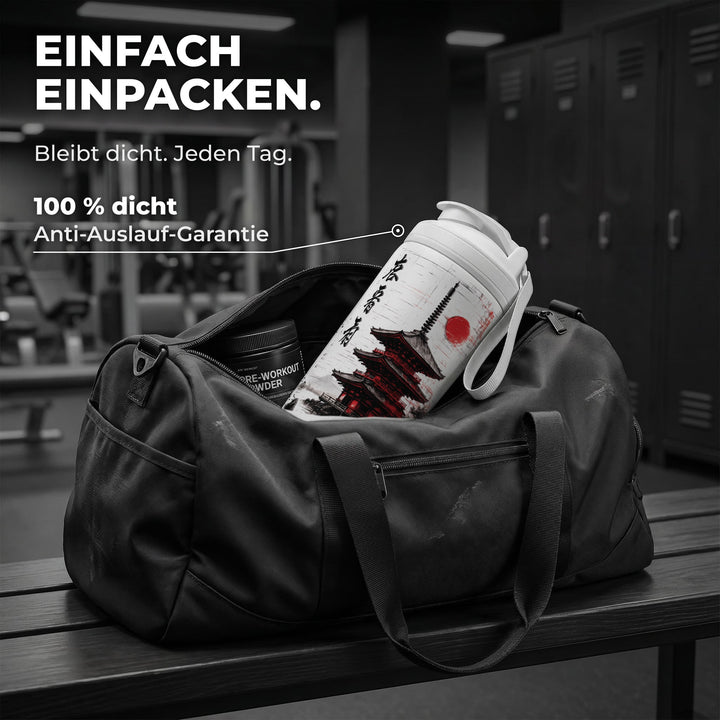 KING SHAKER® KYOJO – weißer Edelstahl-Shaker mit Farbdruck, in der Sporttasche