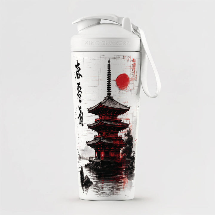 KING SHAKER® KYOJO – weißer Edelstahl-Shaker mit Farbdruck, vor grauem Hintergrund
