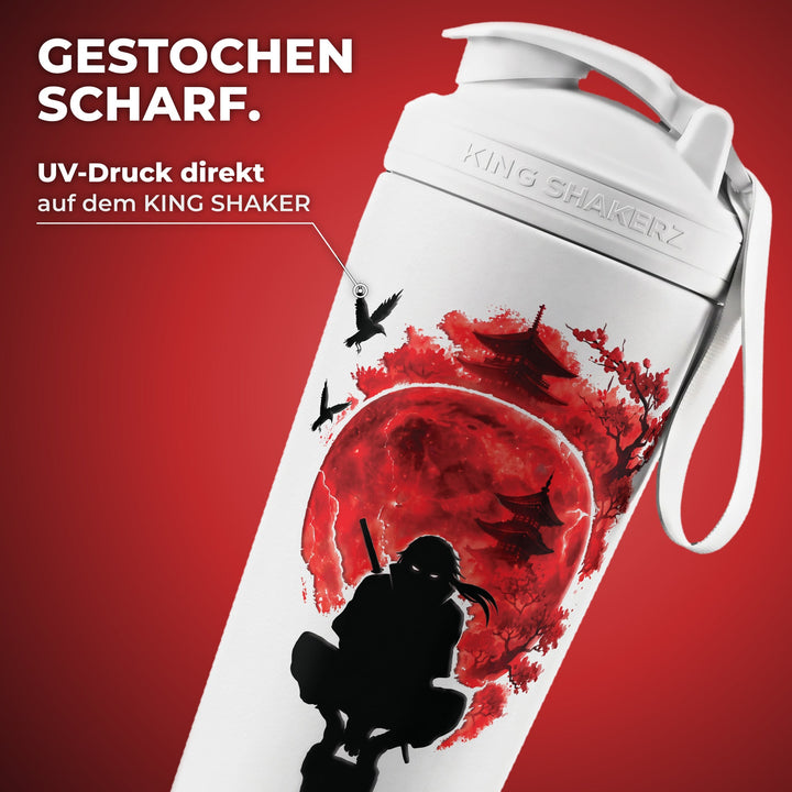 KING SHAKER® NINJA – weißer Edelstahl-Shaker mit Farbdruck, Nahaufnahme des Drucks