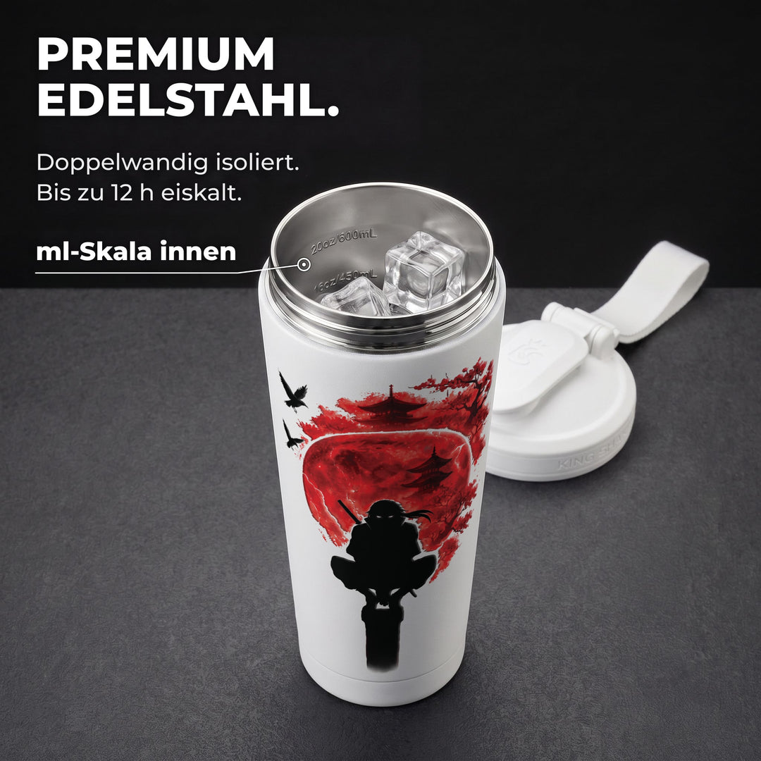 KING SHAKER® NINJA – weißer Edelstahl-Shaker mit Farbdruck, geöffnet mit ml-Skala