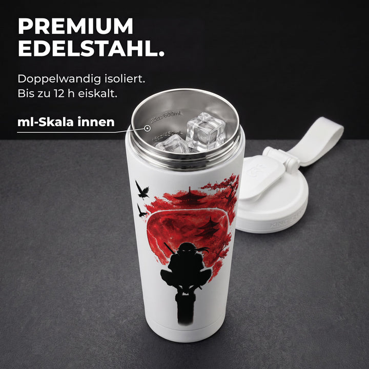 KING SHAKER® NINJA – weißer Edelstahl-Shaker mit Farbdruck, geöffnet mit ml-Skala