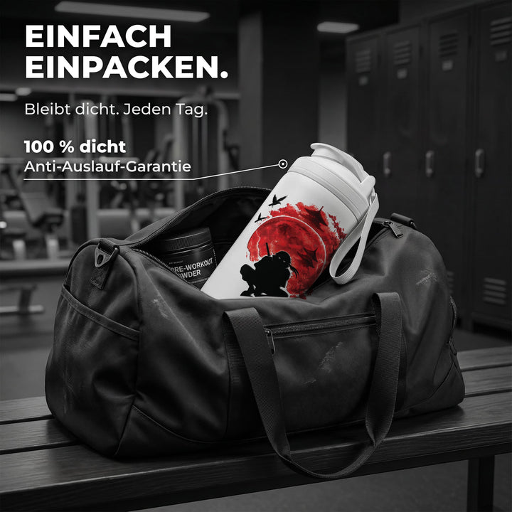 KING SHAKER® NINJA – weißer Edelstahl-Shaker mit Farbdruck, in der Sporttasche