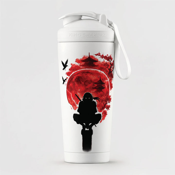 KING SHAKER® NINJA – weißer Edelstahl-Shaker mit Farbdruck, vor grauem Hintergrund