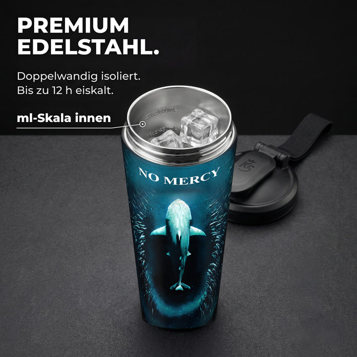 KING SHAKER® NO MERCY – schwarzer Edelstahl-Shaker mit Farbdruck, geöffnet mit ml-Skala
