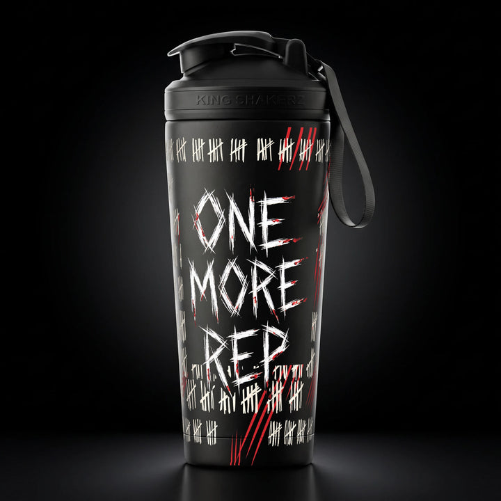 KING SHAKER® ONE MORE REP – schwarzer Edelstahl-Shaker mit Halloween-Farbdruck, Vorderansicht