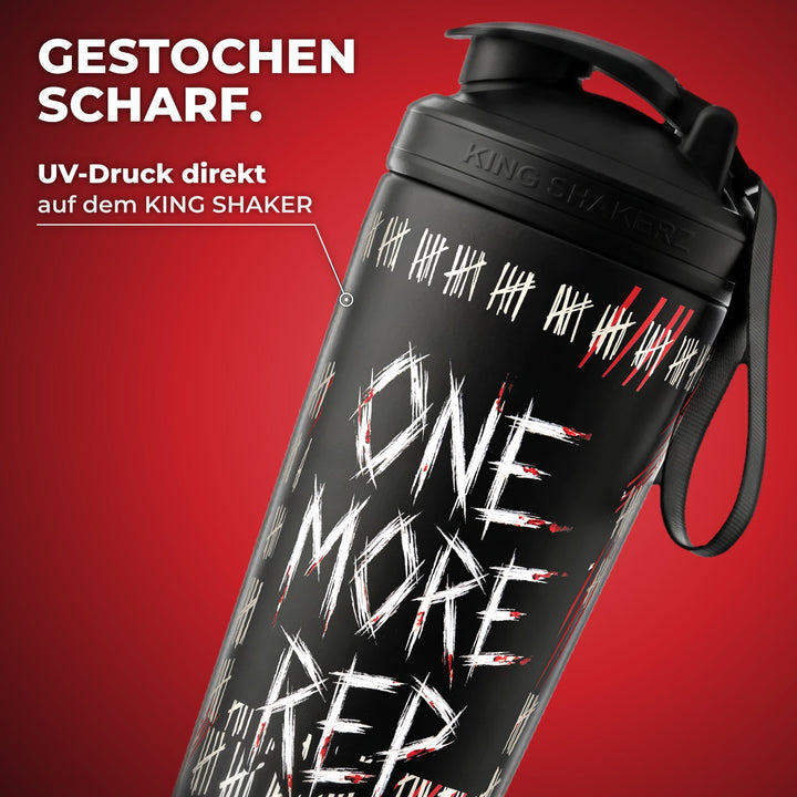 KING SHAKER® ONE MORE REP – schwarzer Edelstahl-Shaker mit Halloween-Farbdruck, Nahaufnahme des Drucks