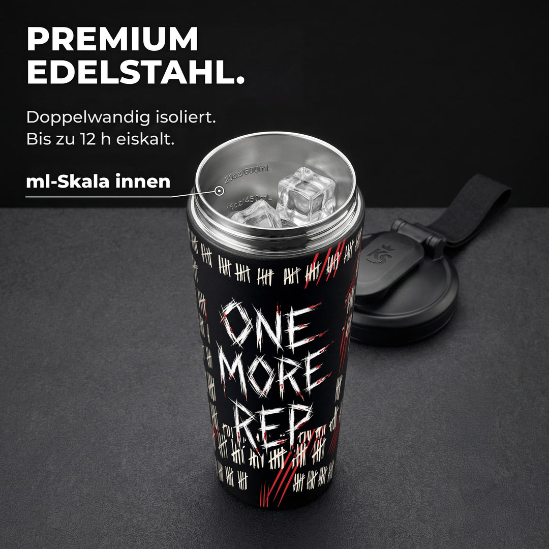 KING SHAKER® ONE MORE REP – schwarzer Edelstahl-Shaker mit Halloween-Farbdruck, geöffnet mit ml-Skala