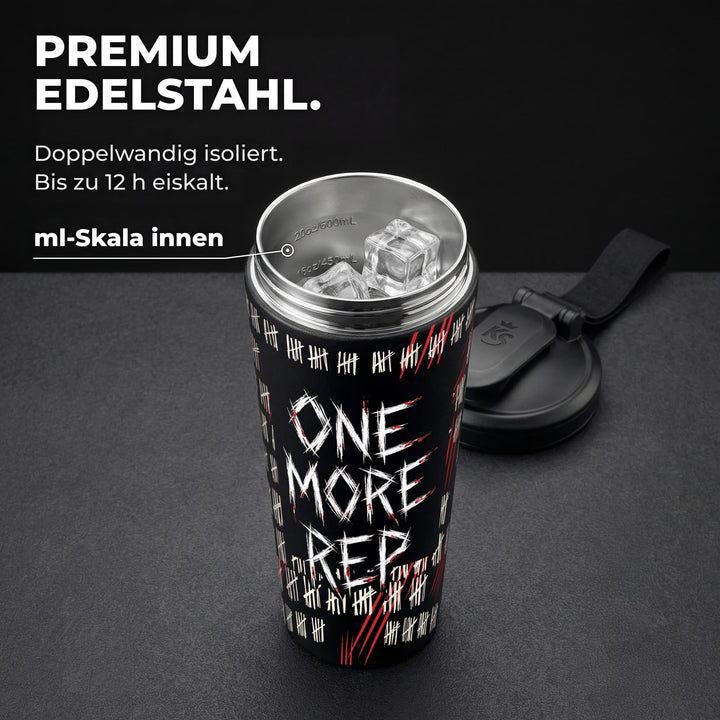 KING SHAKER® ONE MORE REP – schwarzer Edelstahl-Shaker mit Halloween-Farbdruck, geöffnet mit ml-Skala