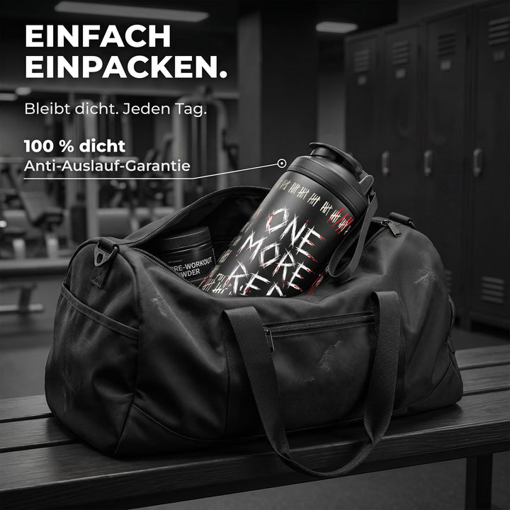 KING SHAKER® ONE MORE REP – schwarzer Edelstahl-Shaker mit Halloween-Farbdruck, in der Sporttasche