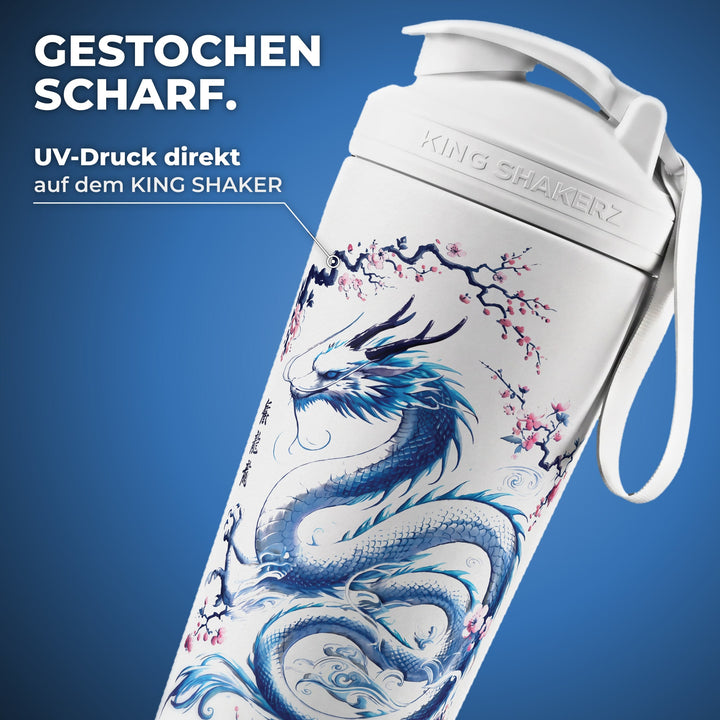 KING SHAKER® RYUJIN – weißer Edelstahl-Shaker mit Farbdruck, Nahaufnahme des Drucks