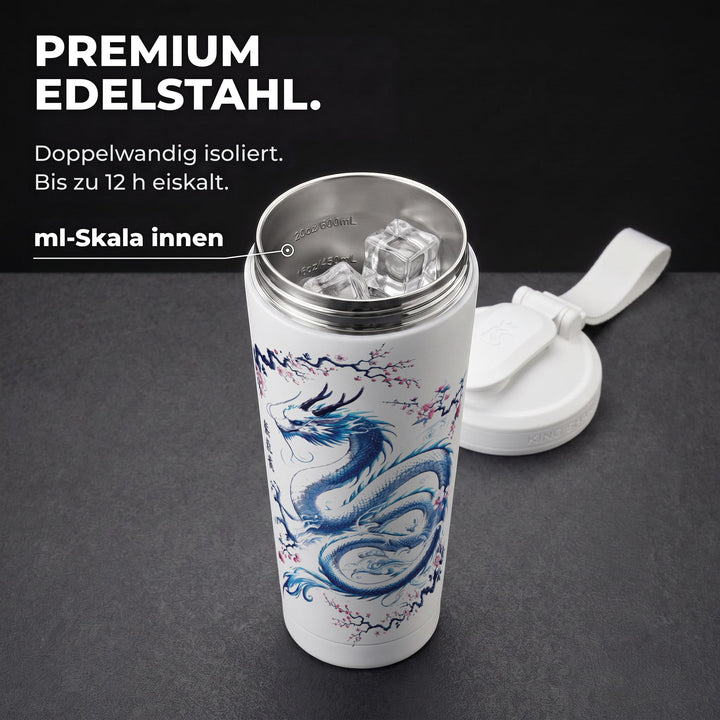 KING SHAKER® RYUJIN – weißer Edelstahl-Shaker mit Farbdruck, geöffnet mit ml-Skala