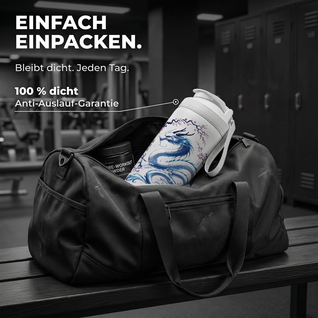 KING SHAKER® RYUJIN – weißer Edelstahl-Shaker mit Farbdruck, in der Sporttasche