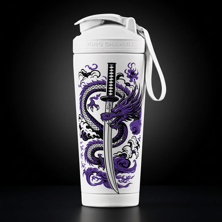 KING SHAKER® SHADOWBLADE – weißer Edelstahl-Shaker mit Farbdruck, Vorderansicht