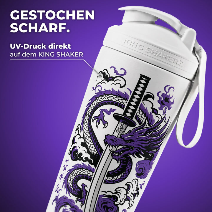 KING SHAKER® SHADOWBLADE – weißer Edelstahl-Shaker mit Farbdruck, Nahaufnahme des Drucks