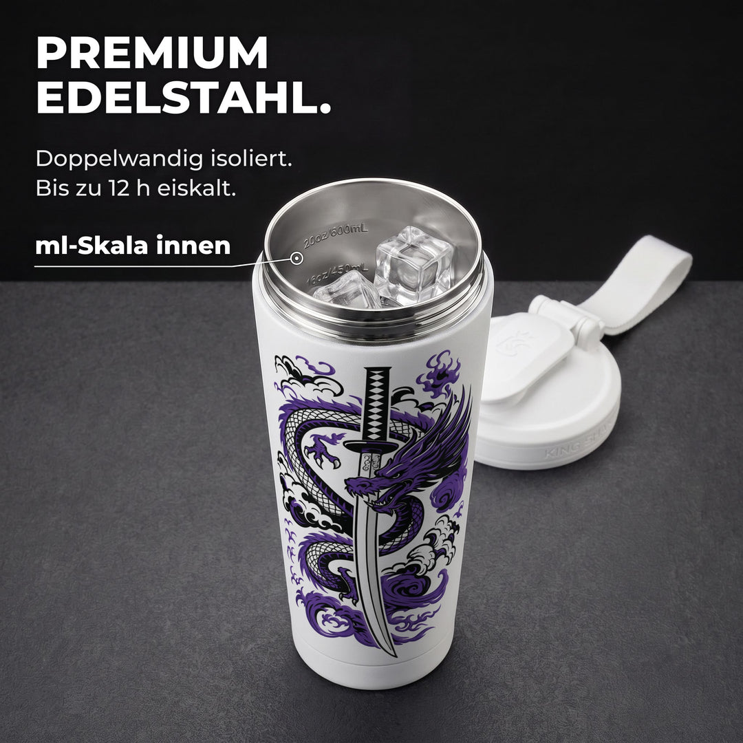 KING SHAKER® SHADOWBLADE – weißer Edelstahl-Shaker mit Farbdruck, geöffnet mit ml-Skala