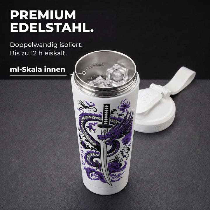 KING SHAKER® SHADOWBLADE – weißer Edelstahl-Shaker mit Farbdruck, geöffnet mit ml-Skala