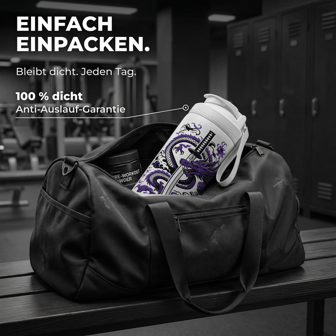 KING SHAKER® SHADOWBLADE – weißer Edelstahl-Shaker mit Farbdruck, in der Sporttasche