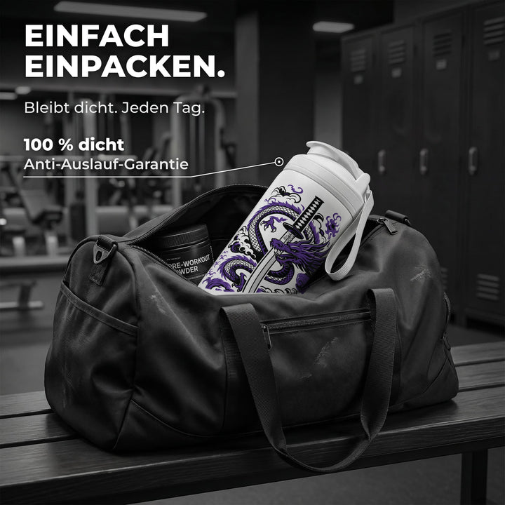 KING SHAKER® SHADOWBLADE – weißer Edelstahl-Shaker mit Farbdruck, in der Sporttasche