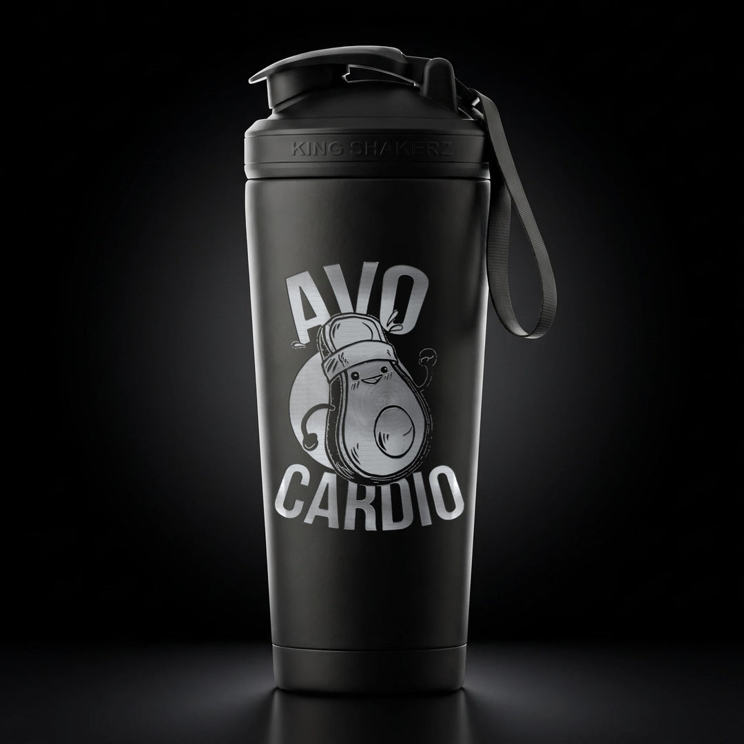 KING SHAKER® AVOCARDIO – schwarzer Edelstahl-Shaker mit Lasergravur, Vorderansicht