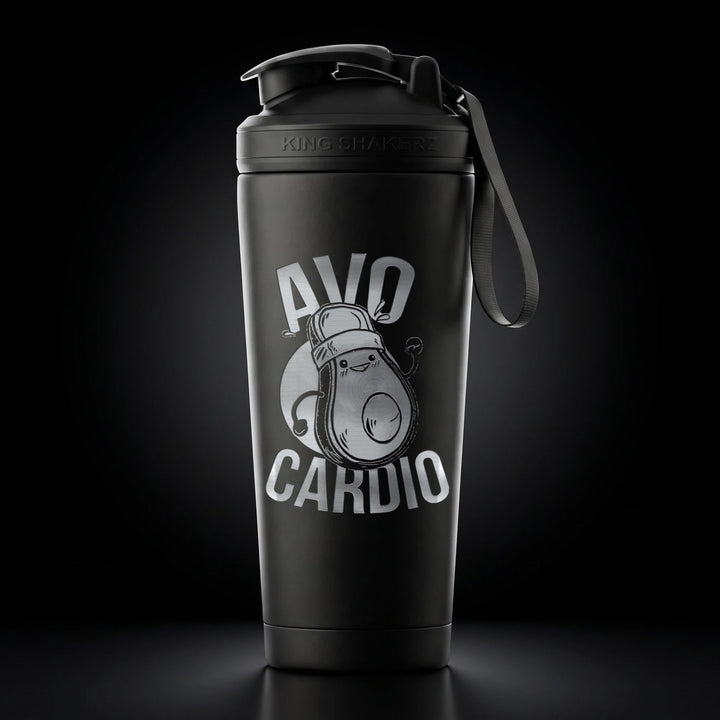 KING SHAKER® AVOCARDIO – schwarzer Edelstahl-Shaker mit Lasergravur, Vorderansicht