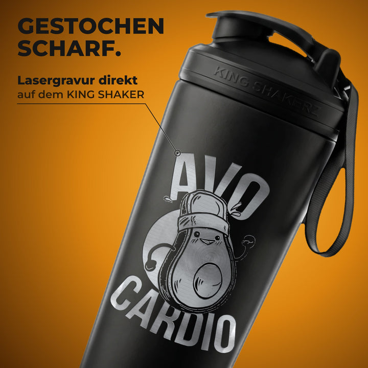 KING SHAKER® AVOCARDIO – schwarzer Edelstahl-Shaker mit Lasergravur, Nahaufnahme der Gravur