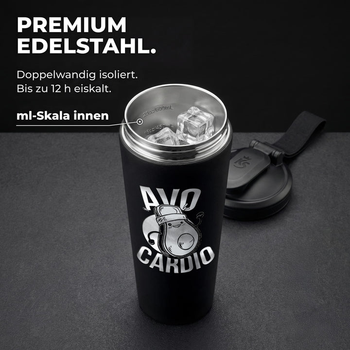 KING SHAKER® AVOCARDIO – schwarzer Edelstahl-Shaker mit Lasergravur, geöffnet mit ml-Skala