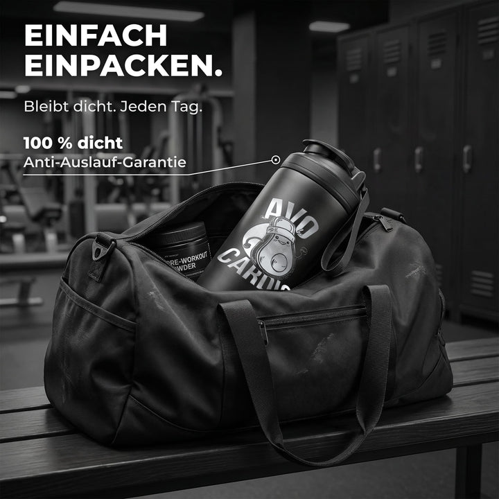 KING SHAKER® AVOCARDIO – schwarzer Edelstahl-Shaker mit Lasergravur, in der Sporttasche