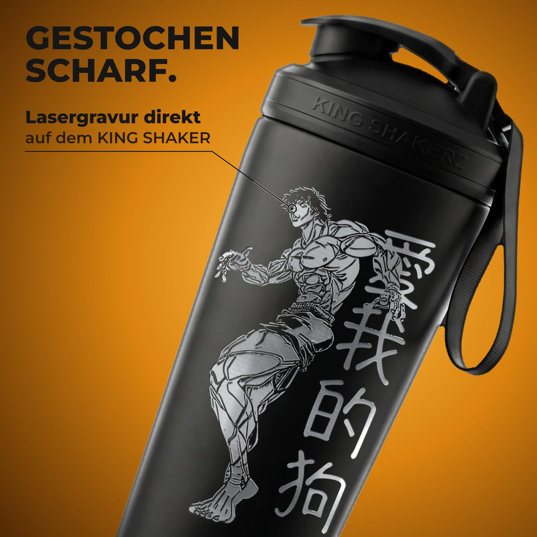 KING SHAKER® BAKI – schwarzer Edelstahl-Shaker mit Lasergravur, Nahaufnahme der Gravur